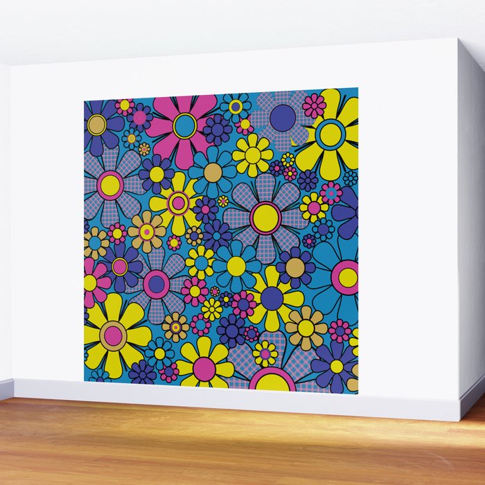 Retro Garden Gingham Flowers Maximalist Blue 60s 70s Floral Pattern Wall Mural Gallery Image 2