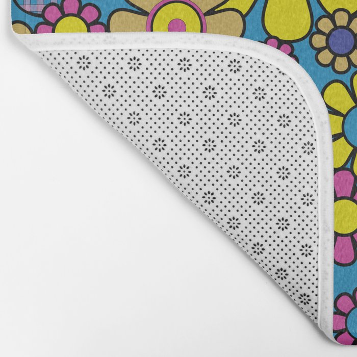 Retro Garden Gingham Flowers Maximalist Blue 60s 70s Floral Pattern Bath Mat Gallery Image 2