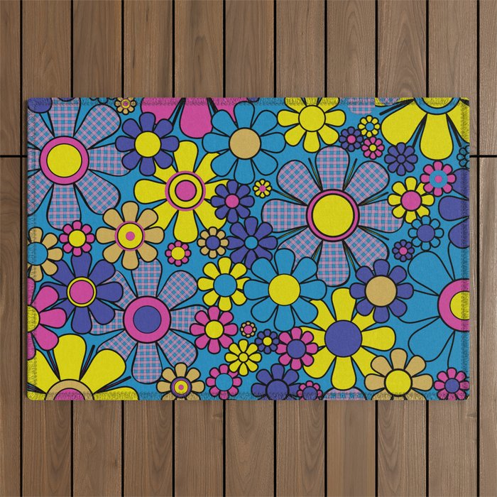 Retro Garden Gingham Flowers Maximalist Blue 60s 70s Floral Pattern Outdoor Rug Gallery Image 1