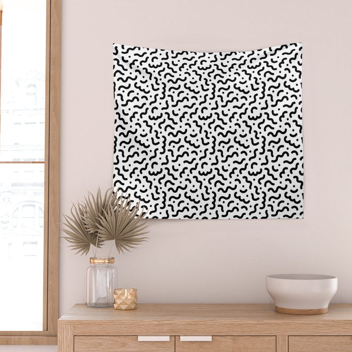 Black and white line doodle squiggle pattern Wall Tapestry Gallery Image 2