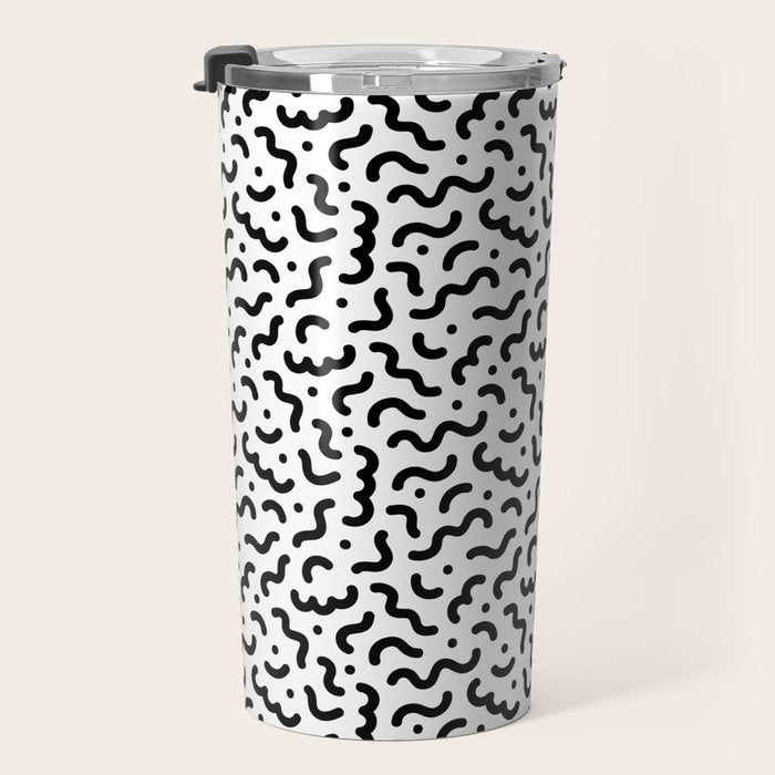 Black and white line doodle squiggle pattern Travel Mug Gallery Image 3
