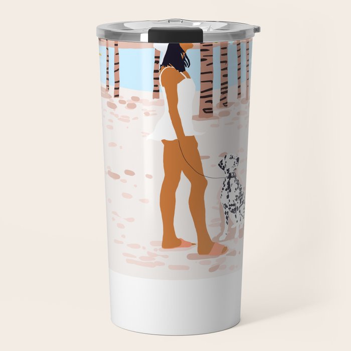The Happy Spots, Dalmatian Dog Pets, Bohemian Woman Beach Tropical Palm Fashion Illustration Travel Mug Gallery Image 1