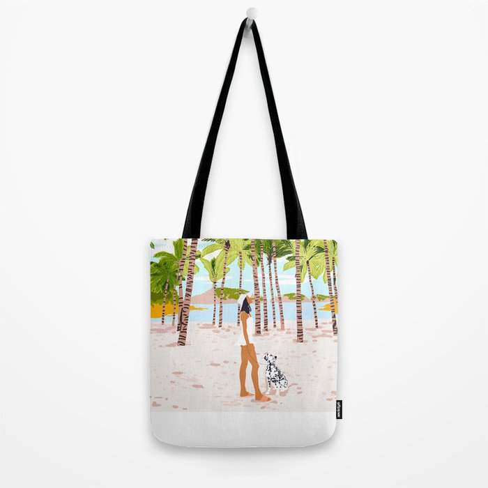 The Happy Spots, Dalmatian Dog Pets, Bohemian Woman Beach Tropical Palm Fashion Illustration Tote Bag Gallery Image 2