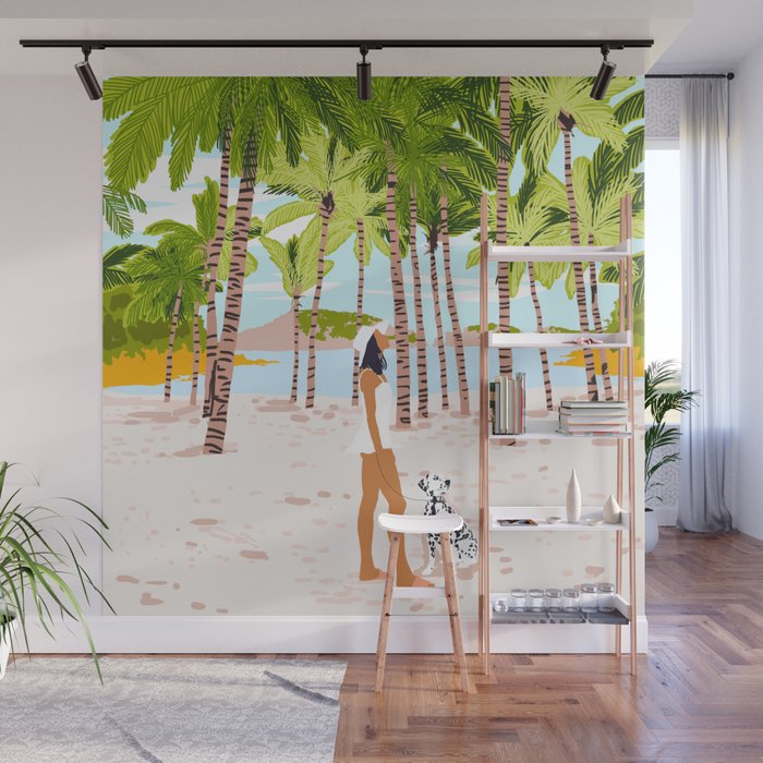 The Happy Spots, Dalmatian Dog Pets, Bohemian Woman Beach Tropical Palm Fashion Illustration Wall Mural Gallery Image 1