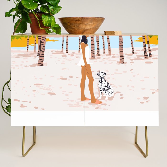 The Happy Spots, Dalmatian Dog Pets, Bohemian Woman Beach Tropical Palm Fashion Illustration Credenza Gallery Image 1