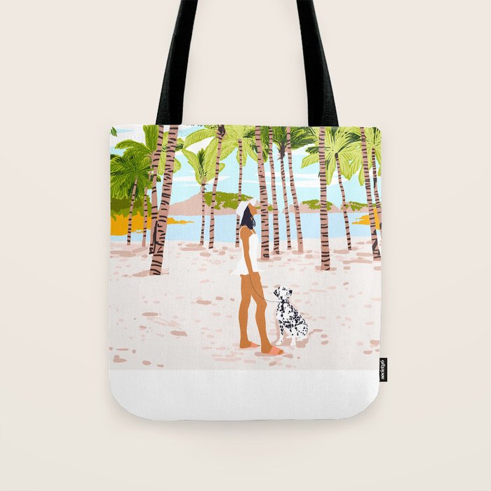 The Happy Spots, Dalmatian Dog Pets, Bohemian Woman Beach Tropical Palm Fashion Illustration Tote Bag Gallery Image 1