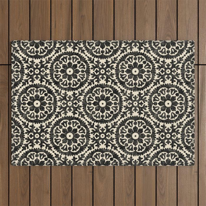 Folk Art Mandala - black and cream Outdoor Rug Gallery Image 1