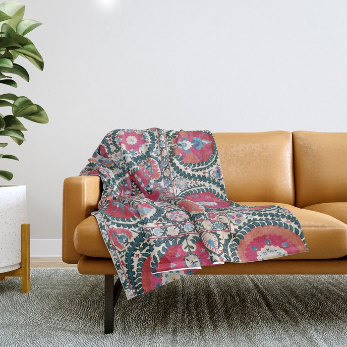 Large Medallion Bokhara Suzani  Uzbekistan Embroidery Print Throw Blanket Gallery Image 1