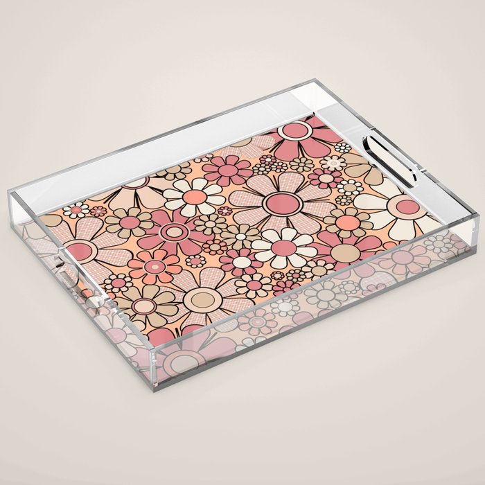 Retro Garden Gingham Flowers Vintage Peach and Mauve Pattern Acrylic Tray Gallery Image 1