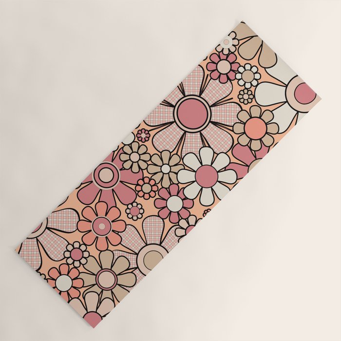 Retro Garden Gingham Flowers Vintage Peach and Mauve Pattern Yoga Mat Gallery Image 1