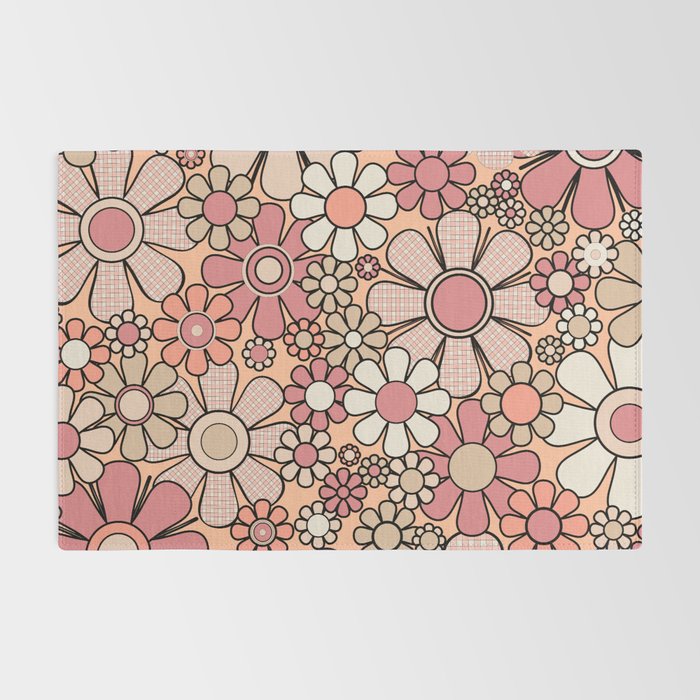 Retro Garden Gingham Flowers Vintage Peach and Mauve Pattern Rug Gallery Image 2