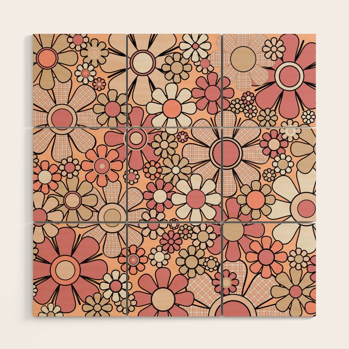 Retro Garden Gingham Flowers Vintage Peach and Mauve Pattern Wood Wall Art Gallery Image 1