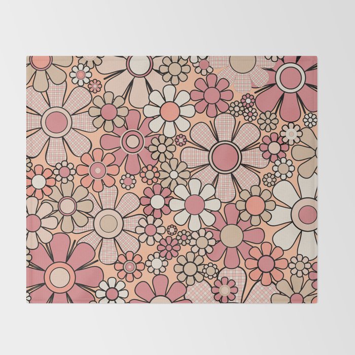 Retro Garden Gingham Flowers Vintage Peach and Mauve Pattern Throw Blanket Gallery Image 2