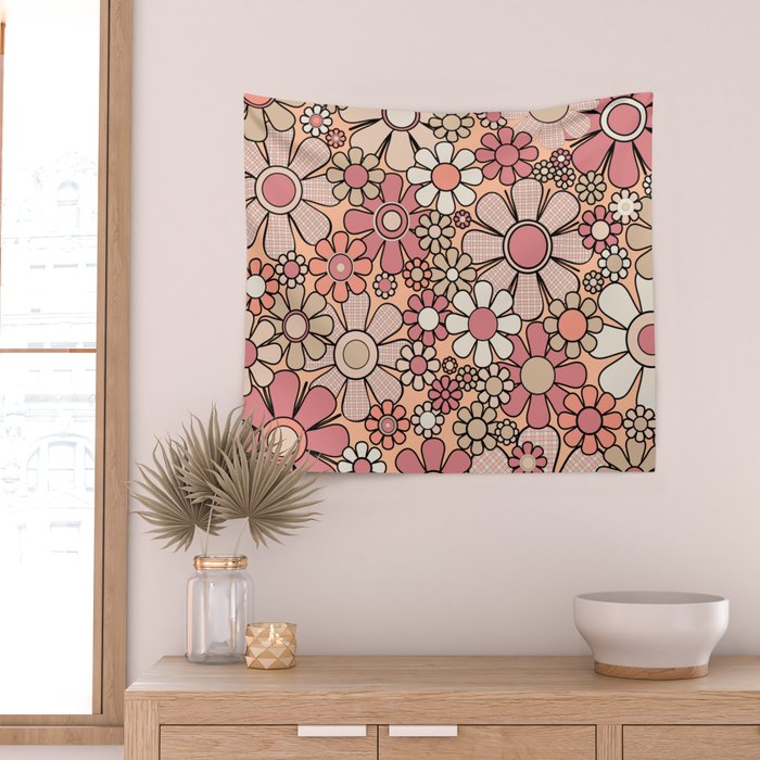 Retro Garden Gingham Flowers Vintage Peach and Mauve Pattern Wall Tapestry Gallery Image 2