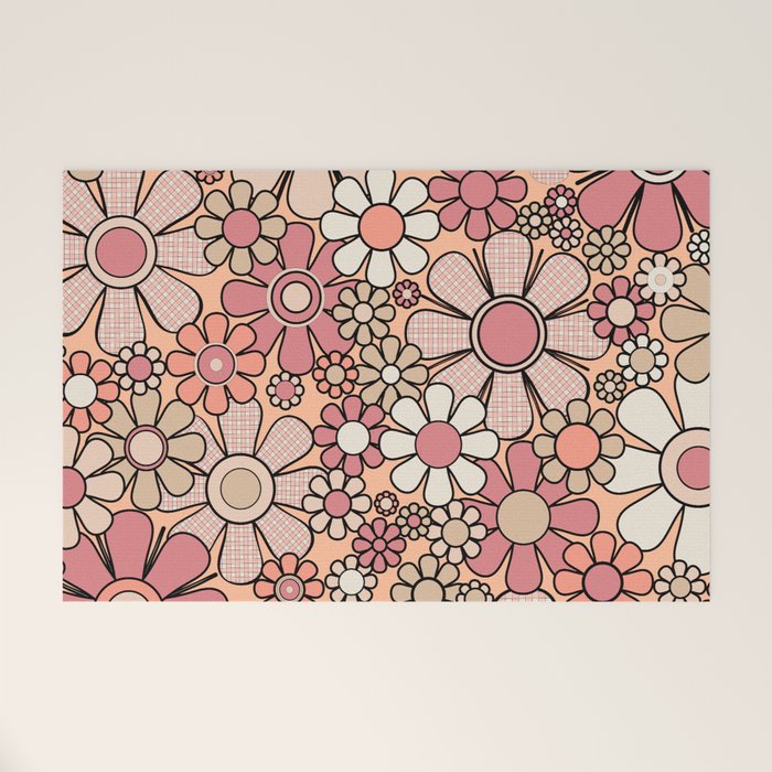 Retro Garden Gingham Flowers Vintage Peach and Mauve Pattern Welcome Mat Gallery Image 1
