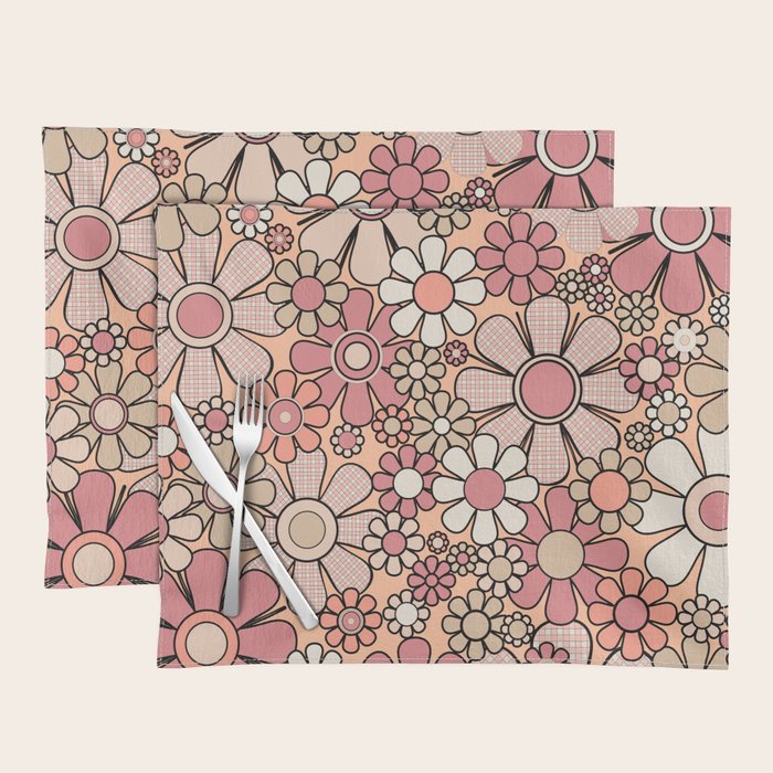 Retro Garden Gingham Flowers Vintage Peach and Mauve Pattern Placemat Gallery Image 1