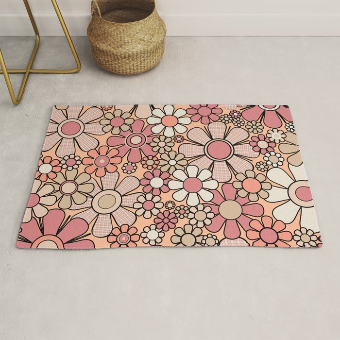 Retro Garden Gingham Flowers Vintage Peach and Mauve Pattern Rug Gallery Image 1
