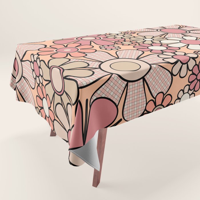 Retro Garden Gingham Flowers Vintage Peach and Mauve Pattern Tablecloth Gallery Image 1