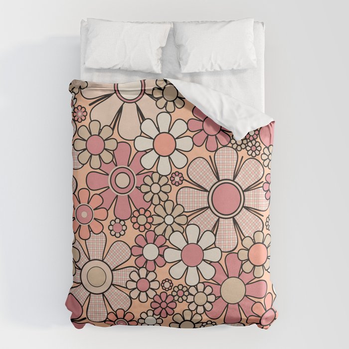 Retro Garden Gingham Flowers Vintage Peach and Mauve Pattern Duvet Cover Gallery Image 1