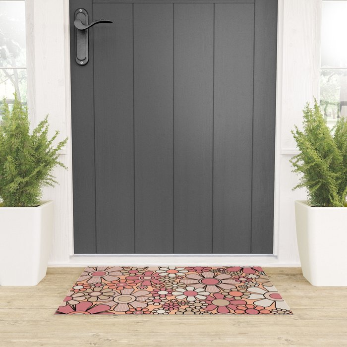 Retro Garden Gingham Flowers Vintage Peach and Mauve Pattern Welcome Mat Gallery Image 3