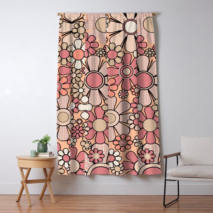 Retro Garden Gingham Flowers Vintage Peach and Mauve Pattern Window Curtain Gallery Image 5