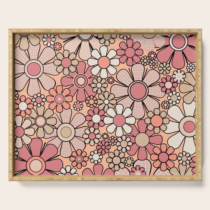 Retro Garden Gingham Flowers Vintage Peach and Mauve Pattern Serving Tray Gallery Image 1