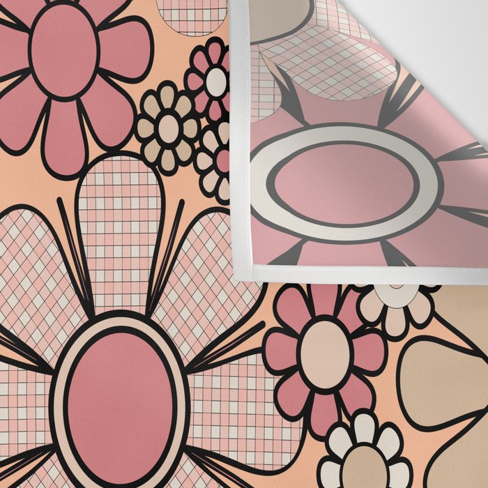 Retro Garden Gingham Flowers Vintage Peach and Mauve Pattern Wall Tapestry Gallery Image 3