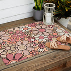 Retro Garden Gingham Flowers Vintage Peach and Mauve Pattern Outdoor Rug Gallery Image 2
