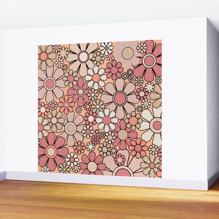 Retro Garden Gingham Flowers Vintage Peach and Mauve Pattern Wall Mural Gallery Image 2
