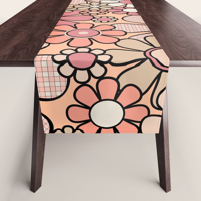 Retro Garden Gingham Flowers Vintage Peach and Mauve Pattern Table Runner Gallery Image 1