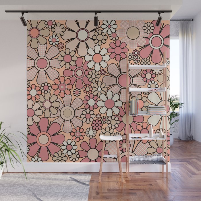 Retro Garden Gingham Flowers Vintage Peach and Mauve Pattern Wall Mural Gallery Image 1