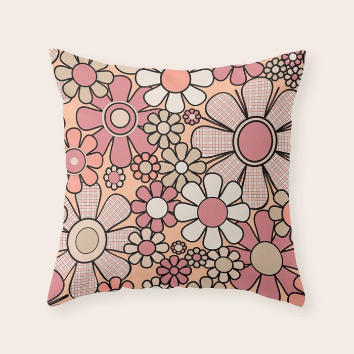 Retro Garden Gingham Flowers Vintage Peach and Mauve Pattern Throw Pillow Gallery Image 6