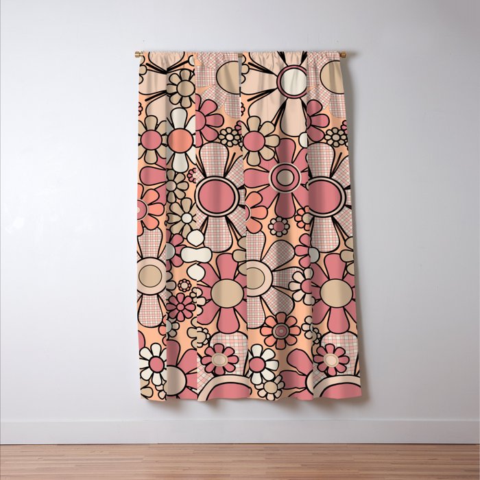 Retro Garden Gingham Flowers Vintage Peach and Mauve Pattern Window Curtain Gallery Image 3