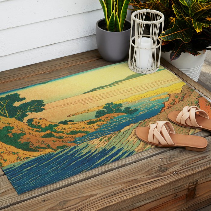 Waters of Goh - Ocean Nature Landscape in Yellow and Blue Outdoor Rug Gallery Image 2