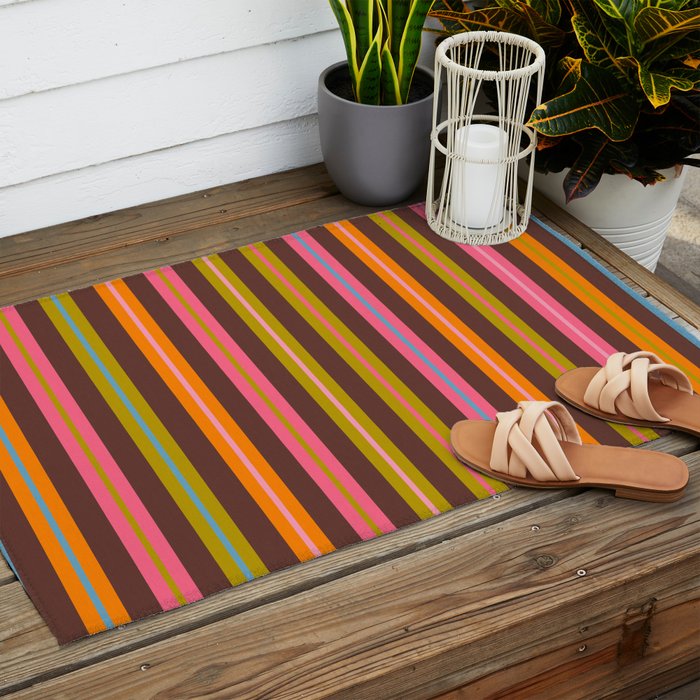 Eclectic Double Stripes Colorful Vertical Pattern with Brown Outdoor Rug Gallery Image 2