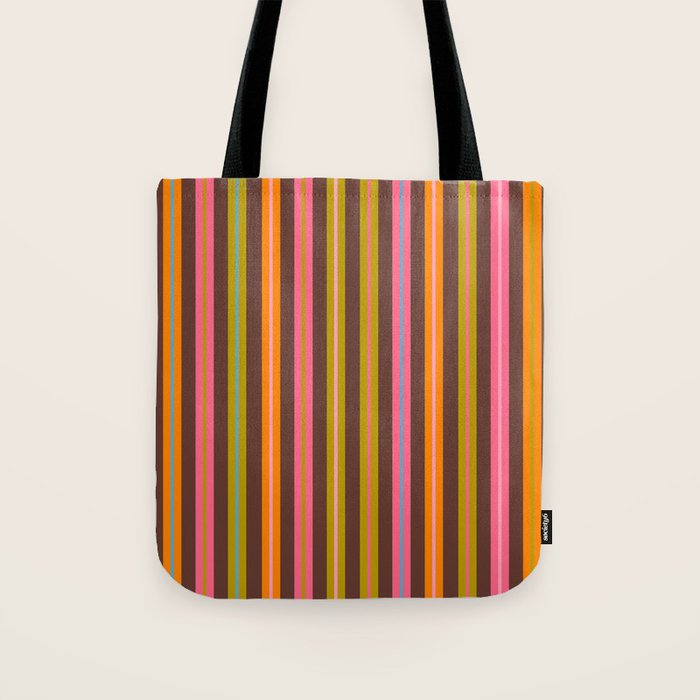 Eclectic Double Stripes Colorful Vertical Pattern with Brown Tote Bag Gallery Image 1