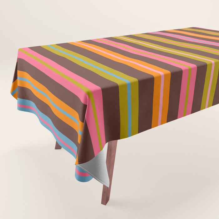 Eclectic Double Stripes Colorful Vertical Pattern with Brown Tablecloth Gallery Image 1