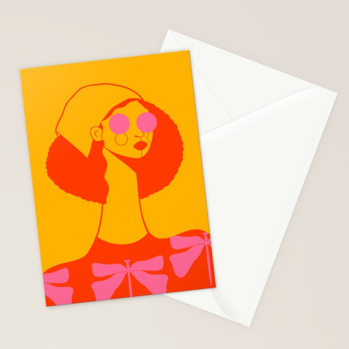 Bold and Bright - Afro Woman Portrait in Hot Pink and Orange Stationery Card Gallery Image 2