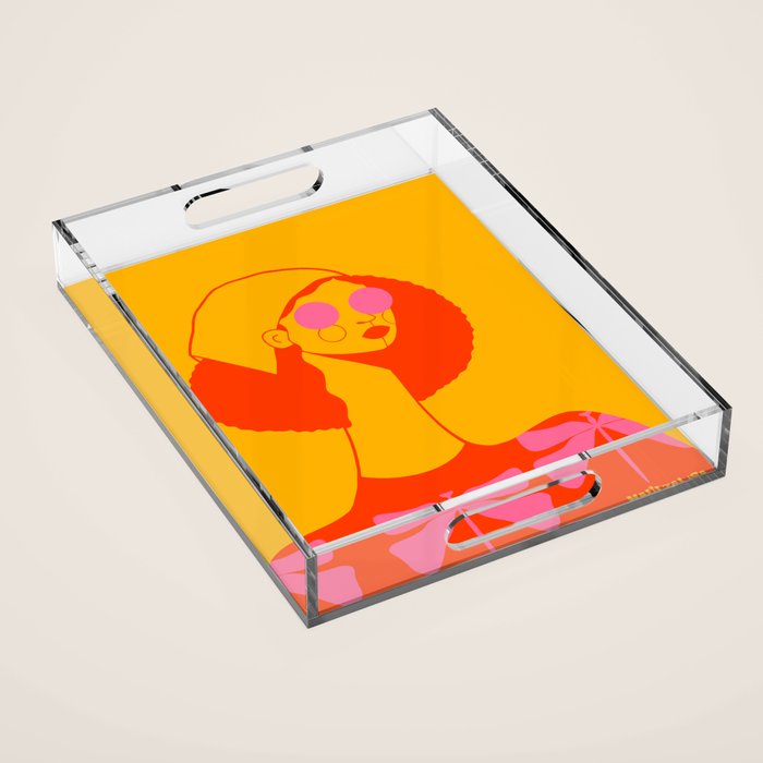 Bold and Bright - Afro Woman Portrait in Hot Pink and Orange Acrylic Tray Gallery Image 1