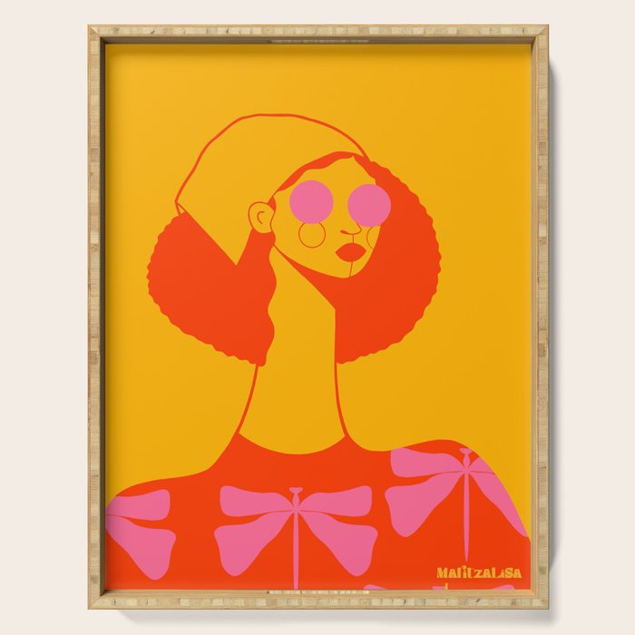 Bold and Bright - Afro Woman Portrait in Hot Pink and Orange Serving Tray Gallery Image 1