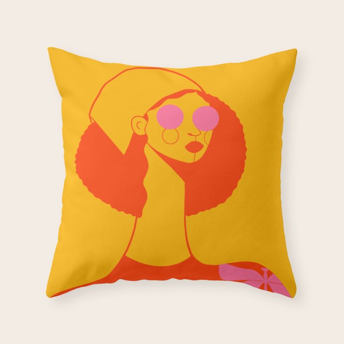 Bold and Bright - Afro Woman Portrait in Hot Pink and Orange Throw Pillow Gallery Image 6