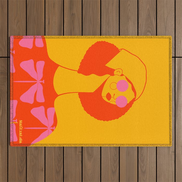 Bold and Bright - Afro Woman Portrait in Hot Pink and Orange Outdoor Rug Gallery Image 1