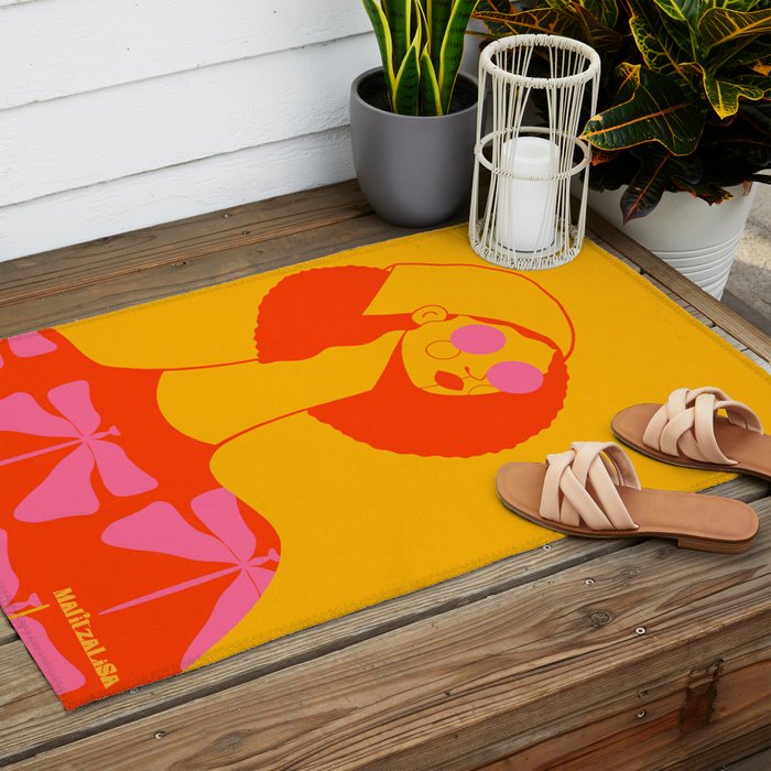 Bold and Bright - Afro Woman Portrait in Hot Pink and Orange Outdoor Rug Gallery Image 2