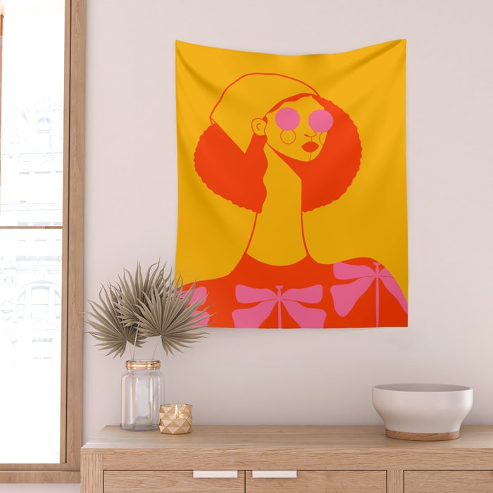 Bold and Bright - Afro Woman Portrait in Hot Pink and Orange Wall Tapestry Gallery Image 2