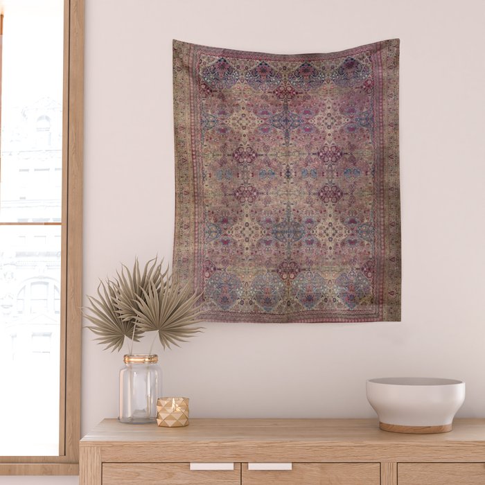 Antique Persian Golden Plum Rose Kirman Rug Print Wall Tapestry Gallery Image 2