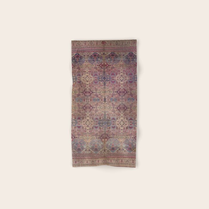 Antique Persian Golden Plum Rose Kirman Rug Print Bath Towel Gallery Image 1