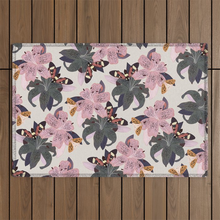 Lilies and butterflies insects Outdoor Rug Gallery Image 1