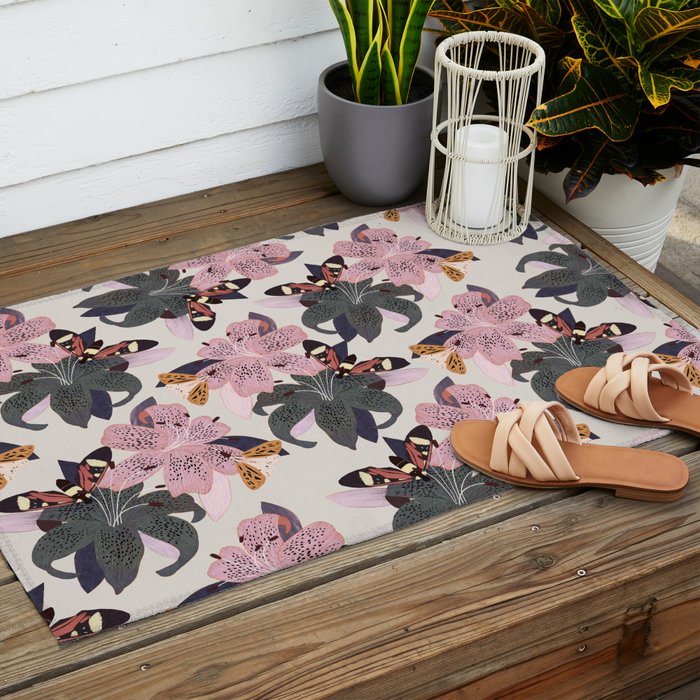 Lilies and butterflies insects Outdoor Rug Gallery Image 2