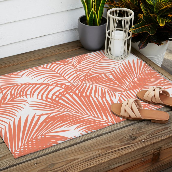 Modern blush coral simple tropical  palm tree pattern Outdoor Rug Gallery Image 2