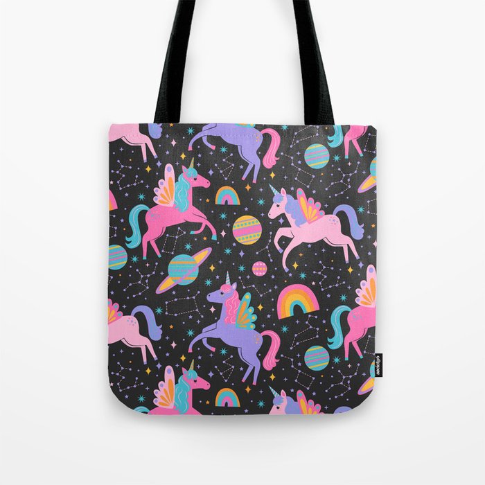 Space Unicorns - Neon Rainbow on Black Tote Bag Gallery Image 1